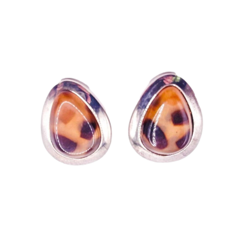 VINTAGE Womens Clip Earrings Signed FLP Brown Leopard Glass Silvertone 1.5 In
